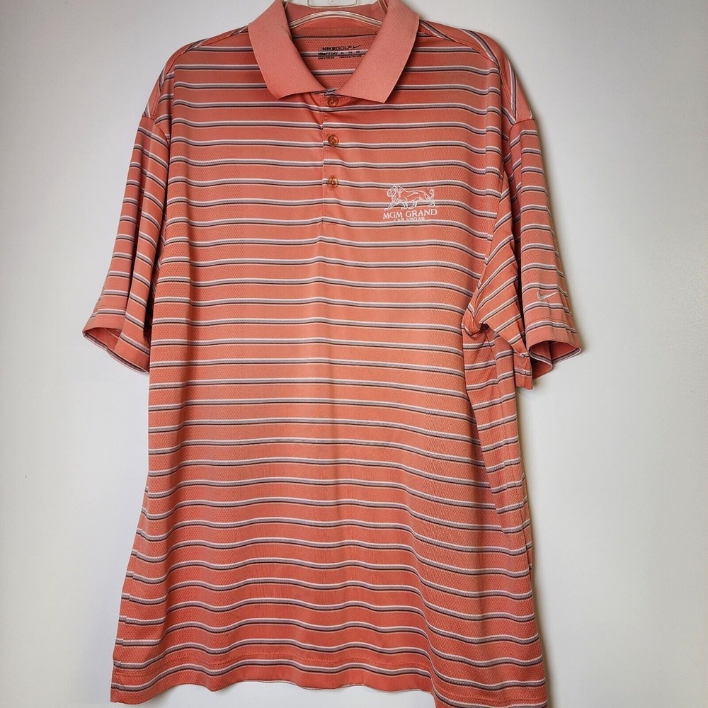Nike Golf Mens XL Orange Striped MGM Grand Las Vegas Polo Shirt Nike Fit Dry